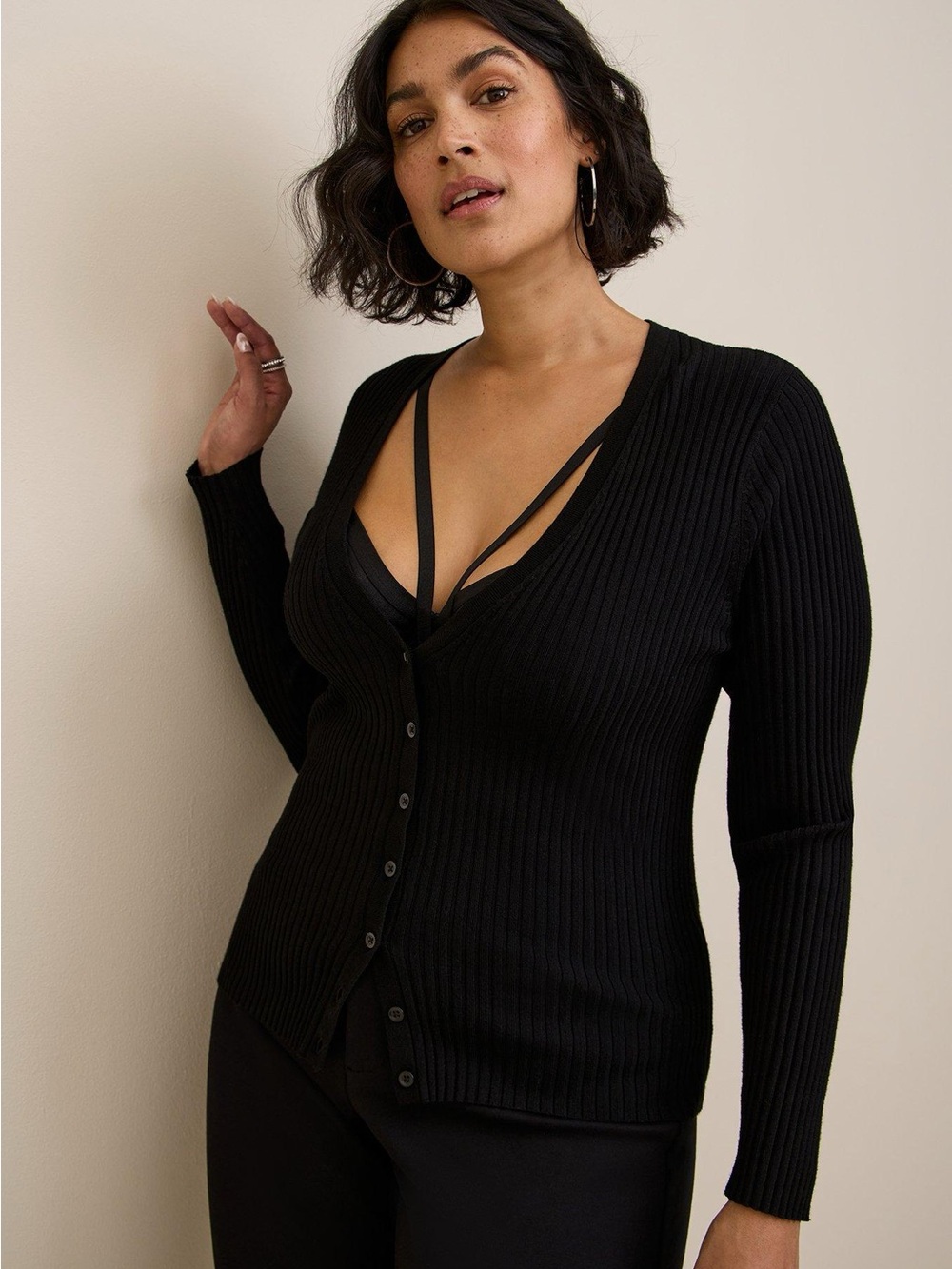 Black Ribbed Button Cardigan - Sleek V-Neck Worn once